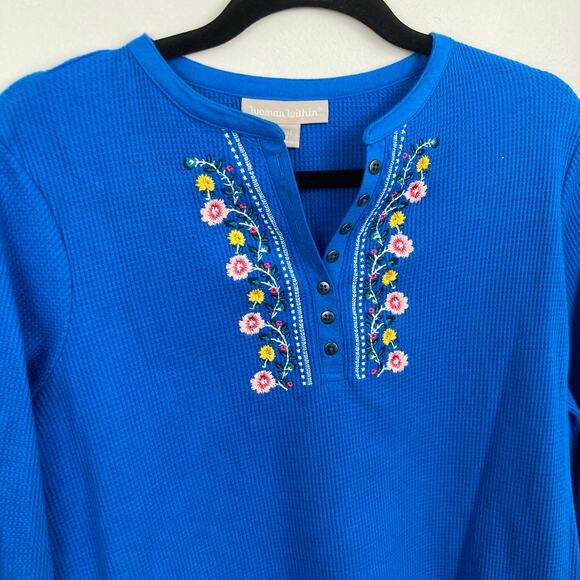NWOT Woman Within 14-16 Blue Embroidered Thermal Waffle Knit Henley Cottage - Picture 1 of 8